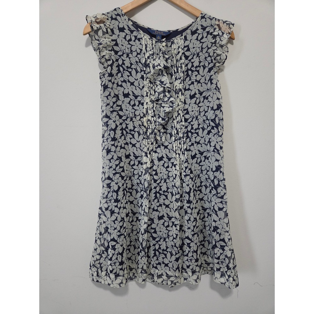 Polo Ralph Lauren Girls Navy Blue White Floral Ruffle Pintuck Chiffon Dress 14